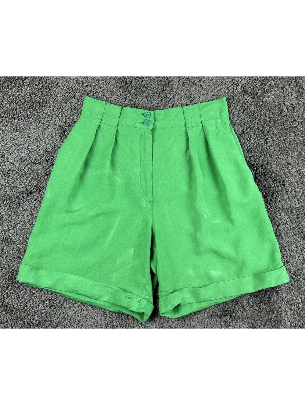 Vintage Mondi Womens 38 Green High Rise Pleated Cuffed Viscose Linen Shorts